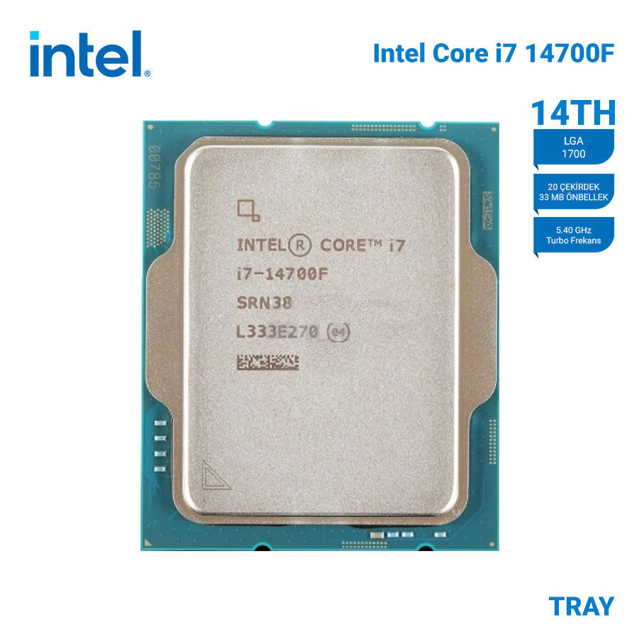 INTEL Raptor Lake i7-14700F Tray VGAsız, Fansız 20C 2,1/5.4Ghz 33M LGA1700