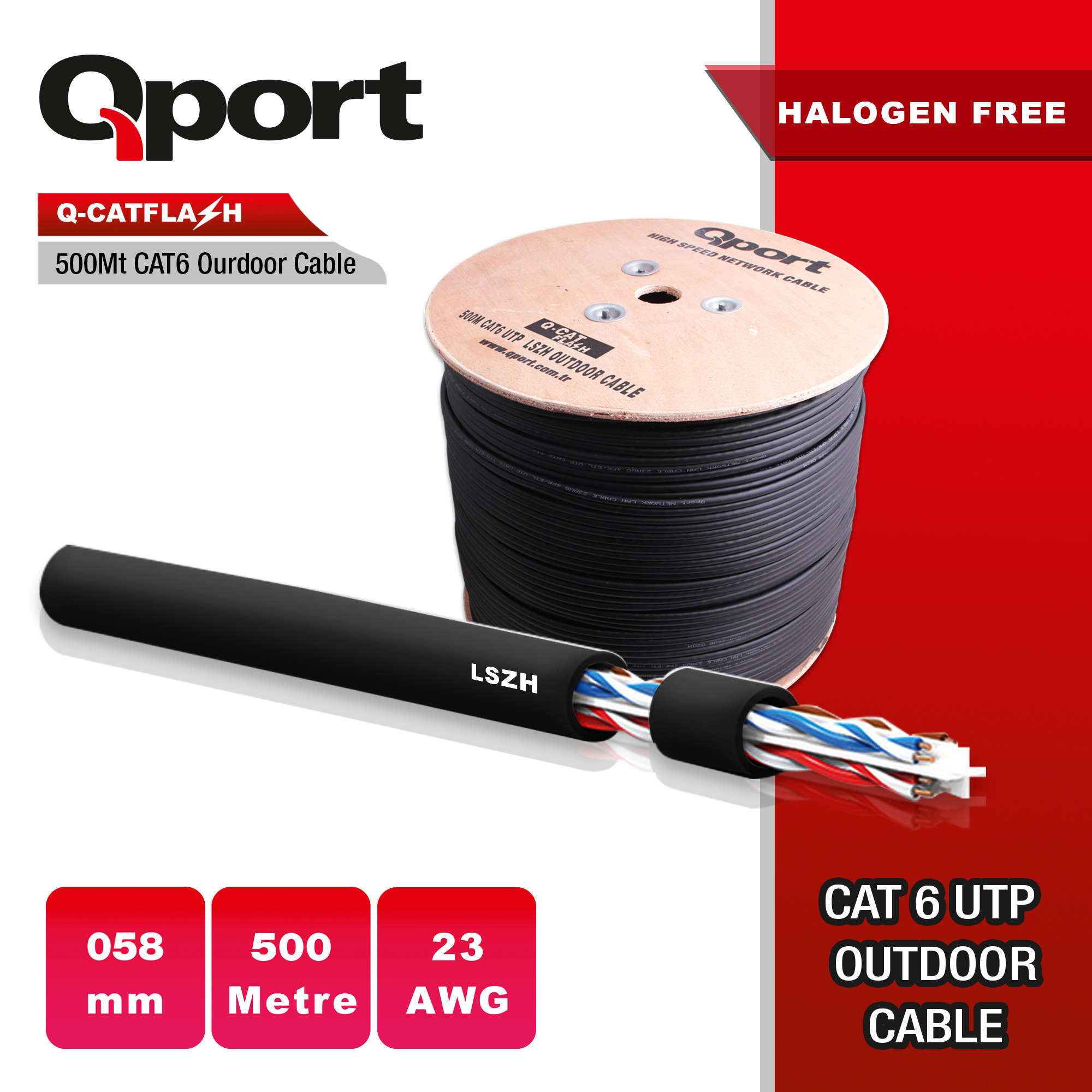 QPORT LSZH 500M CAT6 MAKARALI OUTDOOR Siyah 23AWG 0.58MM KABLO (Q-CATFLASH)