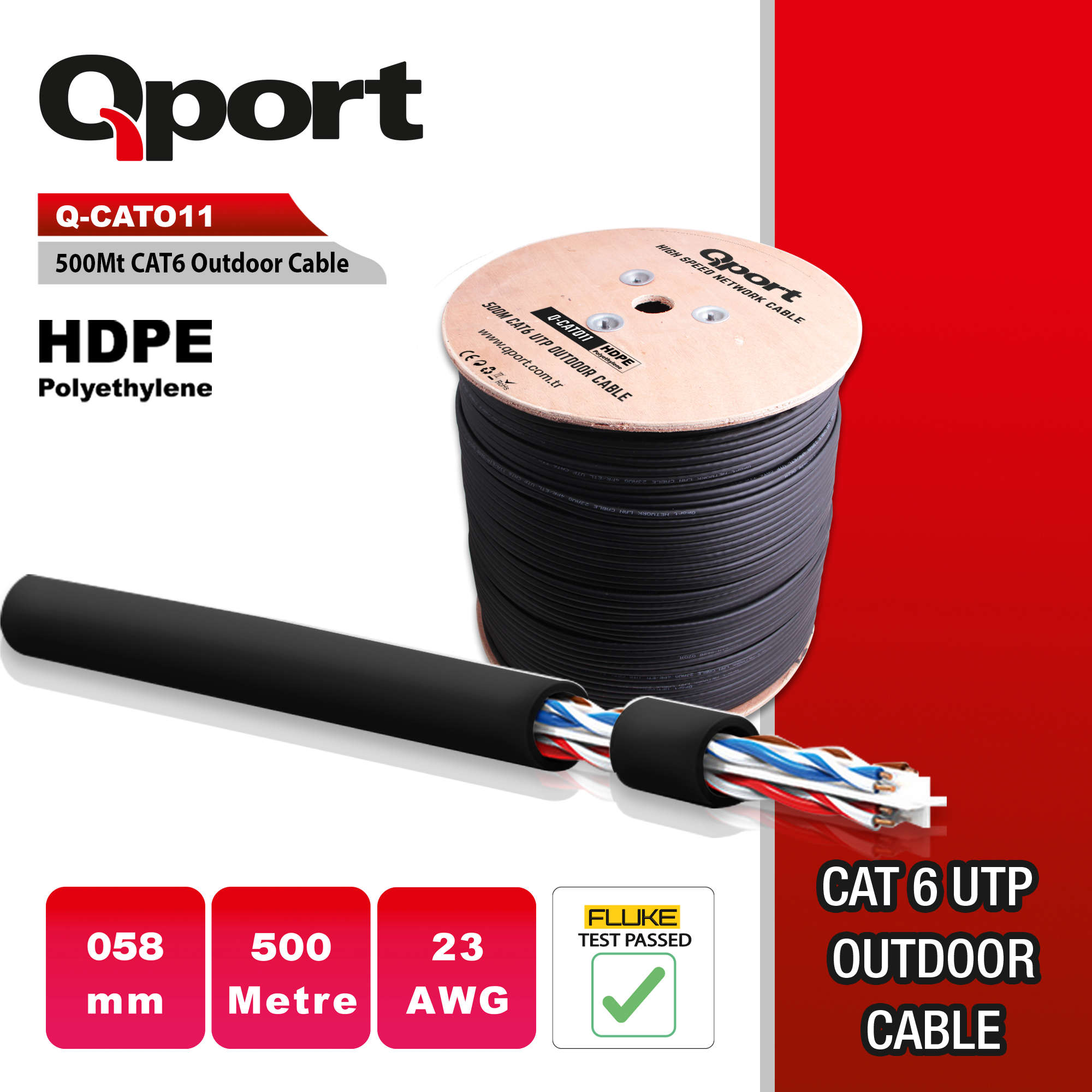 QPORT 500M MAKARALI OUTDOOR 23AWG 0.58MM SİYAH CAT6 UTP PE KABLO (Q-CATO11)