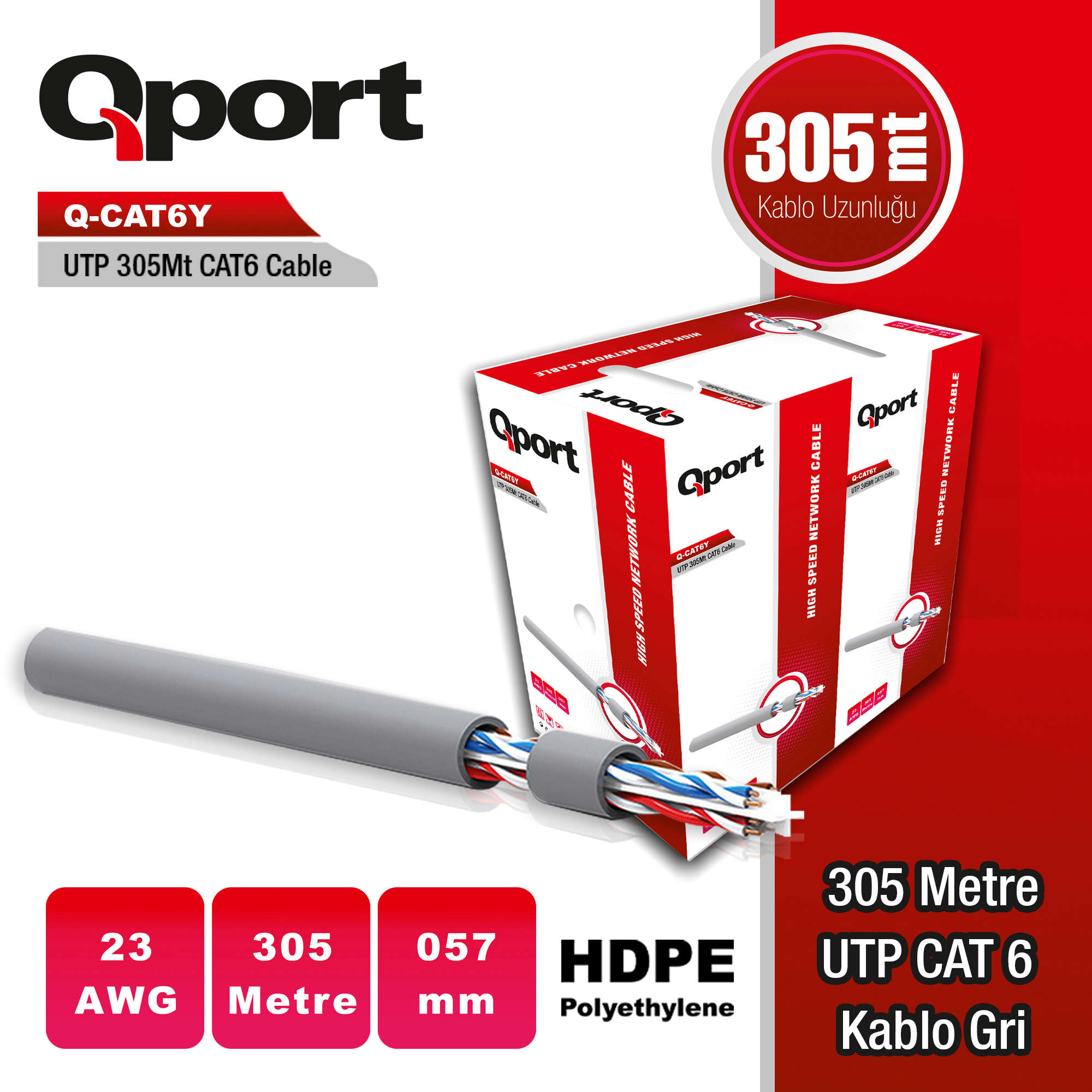 QPORT 305M 23AWG 0,57MM GRİ CAT6 UTP PE KABLO (Q-CAT6Y)