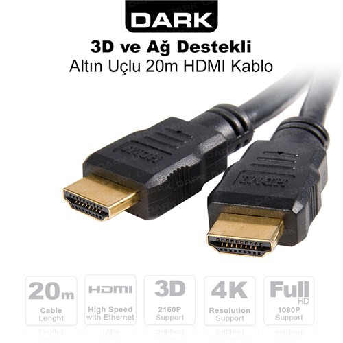 DARK 20m HDMI 4K / 3D, Ağ Destekli, Altın Uçlu HDMI Kablo