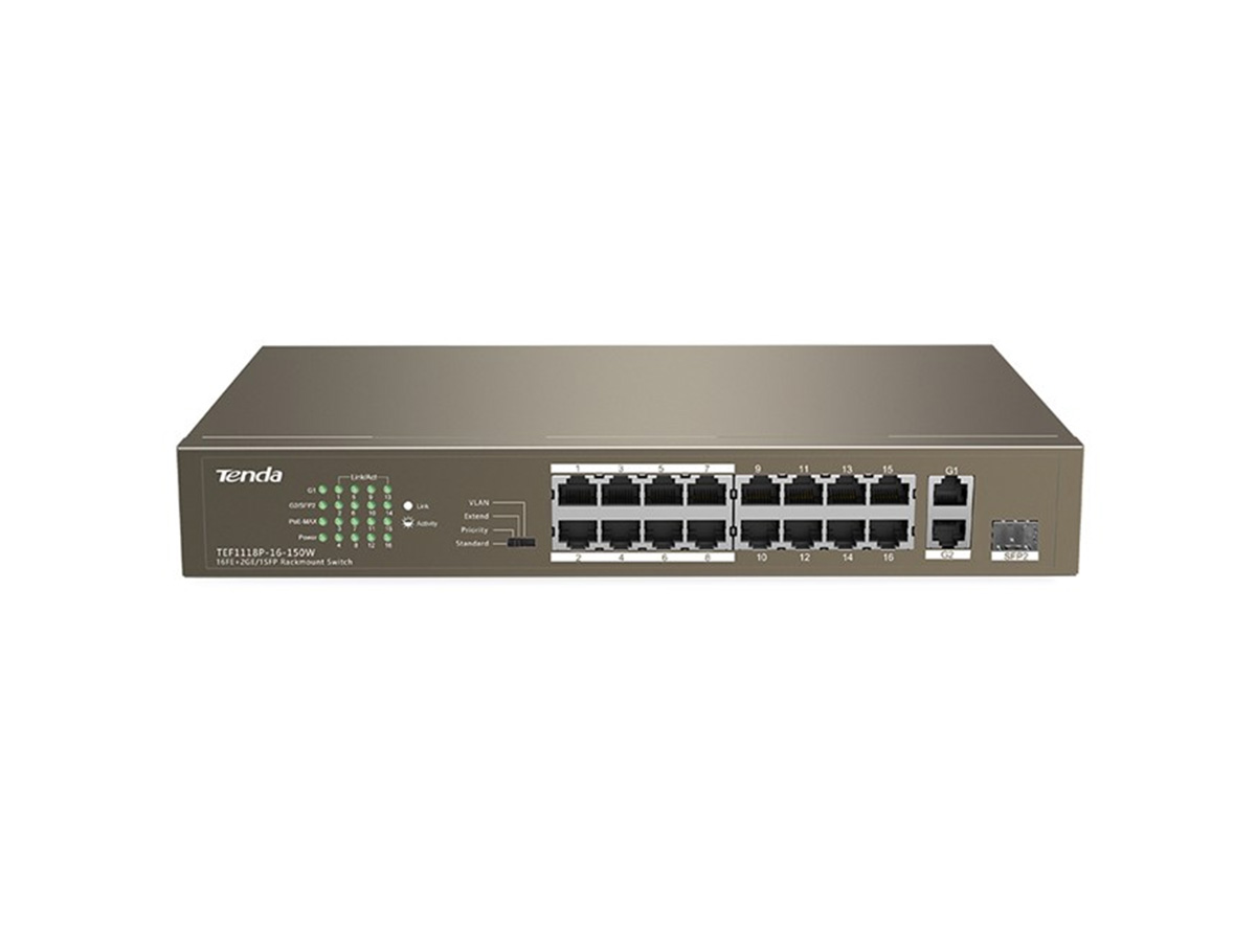 TENDA TEF1118P-16-150W 16FE PoE Port (150W), 1GE Uplink, 1xCombo SFP Switch