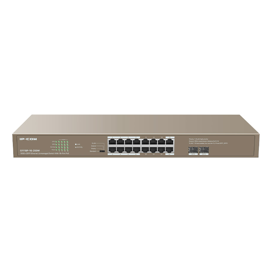IP-COM G1118P-16-250W 16GE PoE Port (250W), 2xSFP Switch